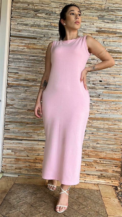 VESTIDO MALHA SEM MANGA MIDI COM BOLSO ROSA