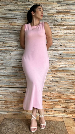 VESTIDO MALHA SEM MANGA MIDI COM BOLSO ROSA - Moda Feminina Elegante e Atemporal | Saia Bela Moda