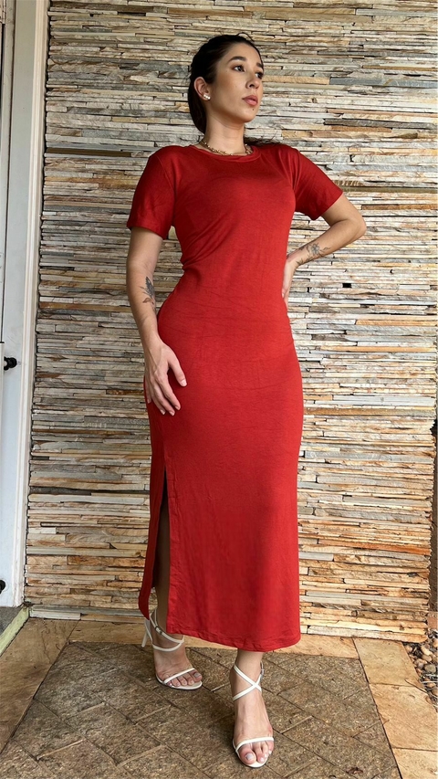 VESTIDO MALHA COM MANGA MIDI COM FENDA TERRACOTA