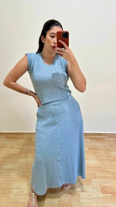 CONJUNTO SAIA MIDI E BLUSA AZUL SERENO - IVONE - Moda Feminina Elegante e Atemporal | Saia Bela Moda