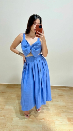 CONJUNTO SAIA E TOP LAÇO AZUL - LARA - Moda Feminina Elegante e Atemporal | Saia Bela Moda