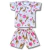 Pijama infantil feminino com estampa de girafas e bolinhas rosa, composto por camiseta e shorts, tamanho 10 ao 14.