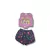 Conjunto infantil feminino composto por regata cropped rosa com estampa "SELFIE LOVE" e shorts coloridos com corações e estrelas.