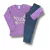 Conjunto infantil para meninas com camiseta de manga longa roxa e calça escura.