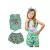 Conjunto infantil feminino com regata cropped e shorts estampados em tons de verde e rosa, ideal para meninas de 1 a 3 anos.