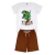 Conjunto infantil masculino de verão com camiseta branca estampada de T-Rex e shorts marrons.