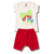 Conjunto de verão para meninas com camiseta branca estampada de borboleta e short vermelho.