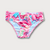 Calcinha de biquíni infantil rosa com estampa de dinossauros e arco-íris, tamanho 4 ao 10, ideal para praia e piscina.