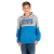 Menino jovem vestindo blusa moletom com capuz azul e cinza com estampa original Brooklyn