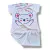 Pijama infantil para meninas, composto por camiseta de manga curta com estampa de urso e shorts listrados em tons claros.