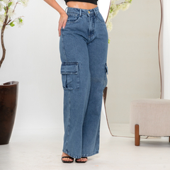 Calça Jeans Feminina Cargo Azul Marmorizada Pantalona - loja online