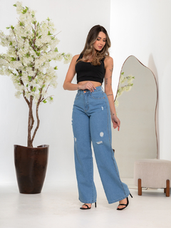 Calça Wide leg Pantalona Azul Com Rasgos