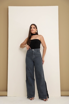 Calça Jeans Feminina Pantalona Chumbo Com fenda - cristaljeans