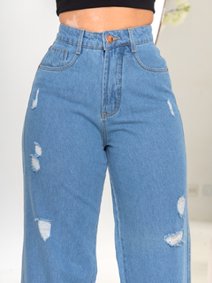 Calça Wide leg Pantalona Azul Com Rasgos