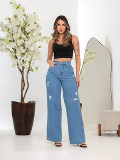 Calça Wide leg Pantalona Azul Com Rasgos - comprar online