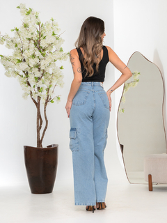 Calça Jeans Feminina Cargo Azul Marmorizada Pantalona - cristaljeans