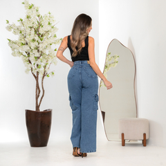 Calça Jeans Feminina Cargo Azul Marmorizada Pantalona - cristaljeans