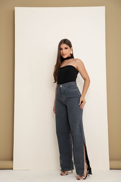 Imagem do Calça Jeans Feminina Pantalona Chumbo Com fenda