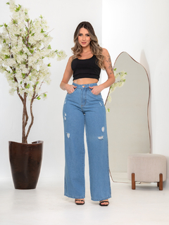 Calça Wide leg Pantalona Azul Com Rasgos - cristaljeans