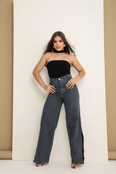 Calça Jeans Feminina Pantalona Chumbo Com fenda