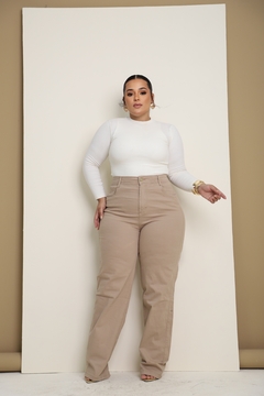 Calça Jeans Wide Leg Pantalona Plus Size Bege Claro - cristaljeans