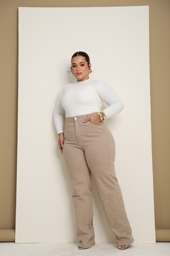 Calça Jeans Wide Leg Pantalona Plus Size Bege Claro - loja online
