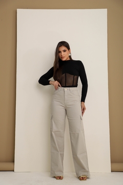 Calça Jeans Feminina Cargo Pantalona
