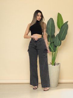 Calça Jeans Feminina Cargo Pantalona