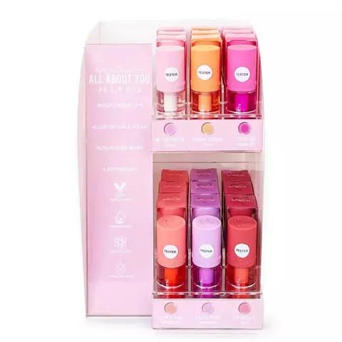 Display de aceites labiales activados por pH con probadores.

