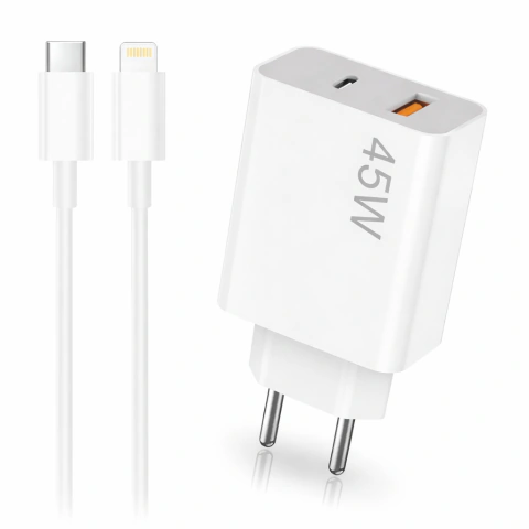 Carregador Turbo 45W USB-C + USB-A - Incluso Cabo Lightning | iPhone até 14 | ANATEL
