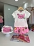 conjunto MOMI blusa bege com estampas rosa neon e short estamapado