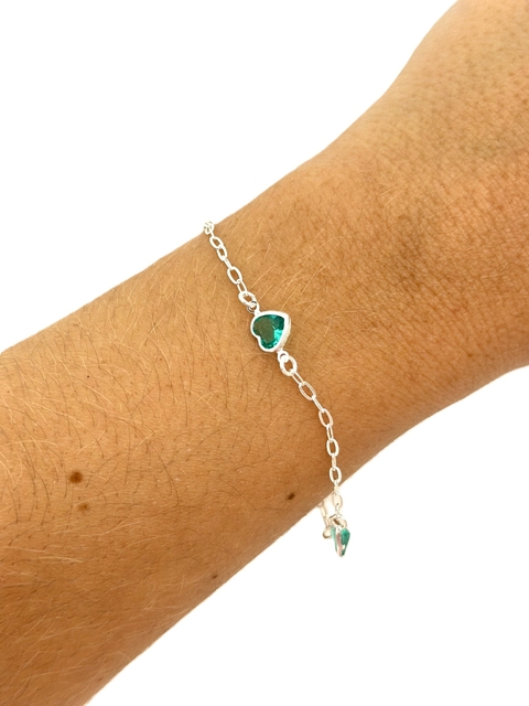 Pulseira 3 Pingentes de Coração Verde - Prata 925