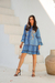 Vestido Jeans Curto Azul com Bordado e Manga Longa