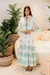 Vestido Longo Boho Azul Claro Estampado e Detalhes em Paetê