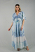 Vestido Longo Boho Azul Floral com Manga Babado e Tassel