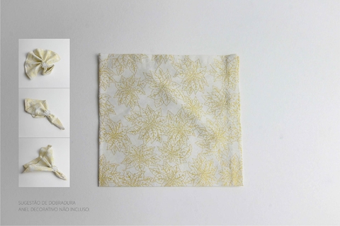 GUARDANAPO EM TRICOLINE OFF WHITE COM FOLHAS DOURADAS 44x44