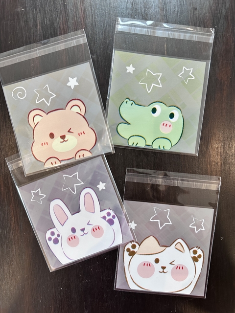 Bolsa opp "oso, conejo, gato y cocodrilo" 10x10cms. Pack por 10 unidades.