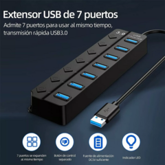 Hub de 7 puertos USB 3.0 con interruptores individuales y LED indicador.