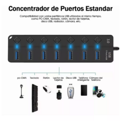 Hub de 7 puertos USB 3.0 con interruptores individuales y LED indicador.