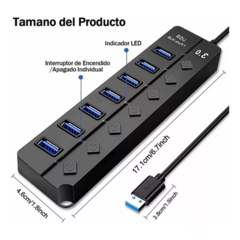 Hub de 7 puertos USB 3.0 con interruptores individuales y LED indicador.