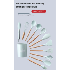 Set X12 Utensilios de Silicona con Mango de Madera Verde Agua - LO DE PEDRO