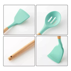 Set X12 Utensilios de Silicona con Mango de Madera Verde Agua - LO DE PEDRO