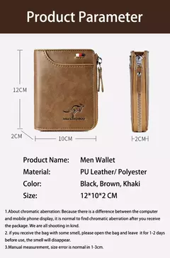 Carteira De Couro com Proteção RFID para Homens porta cartões com zipper