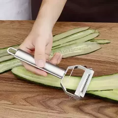 Imagem do Descascador de legumes, frutas de duas cabeças em aço inoxidável com múltipla funções de corte e descasque