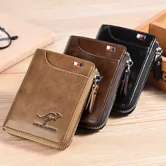 Carteira De Couro com Proteção RFID para Homens porta cartões com zipper