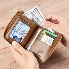 Carteira De Couro com Proteção RFID para Homens porta cartões com zipper
