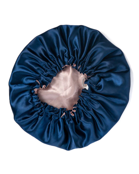 Touca de Cetim Dupla Face azul marinho e rose gold - Isa Cachos