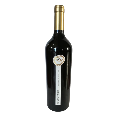 Botella de vino Simonassi Roble Malbec 2017 con etiqueta distintiva y tapa dorada.