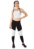 Modelo usando um conjunto fitness cropped branco e calça legging preta com detalhes brancos, ideal para atividades físicas.