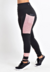 Calça feminina legging fitness preta com detalhes em rosa e bolso lateral para celular.